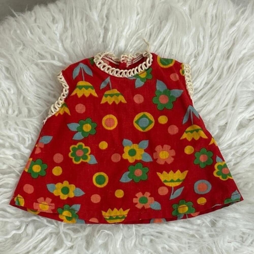 Vintage Homemade Doll Dress/Top, 60’s/70’s, Red Floral Print 5’x6’ inches